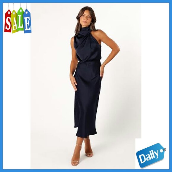 Sleeveless Halter Midi Dress with Button Back, Satin Feel - Picture 4 of 7